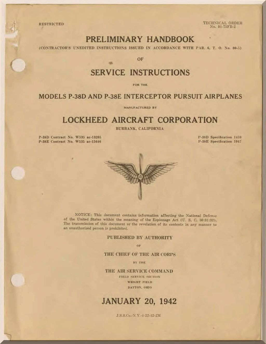 Lockheed P38 P-38 " Lighting " Aircraft Manuals Bundle - Download