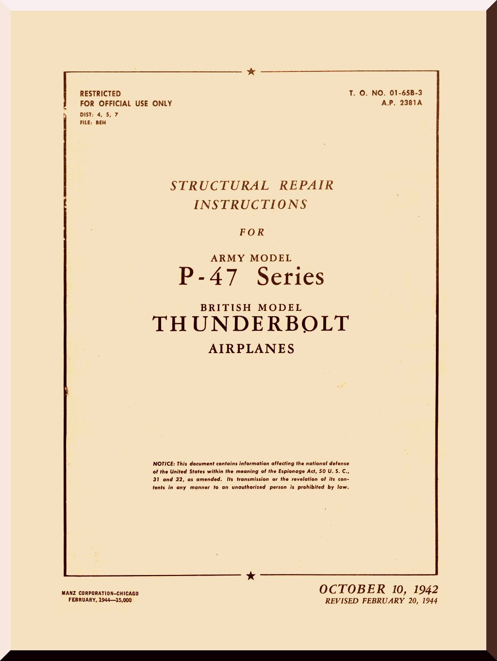 Republic Aviation P-47 " Thunderbolt, JAG " Aircraft Manuals Bundle - Download