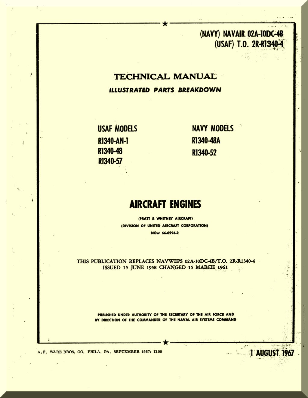 Pratt & Whitney R-1340 " Wasp " Aircraft Engine Manuals Bundle - Download