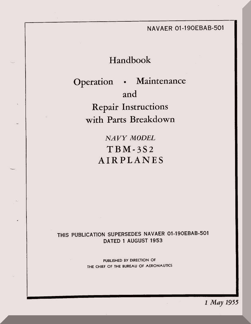 Cover of a handbook for TBM-3S2 airplanes with text on operation, maintenance, and repair instructions.