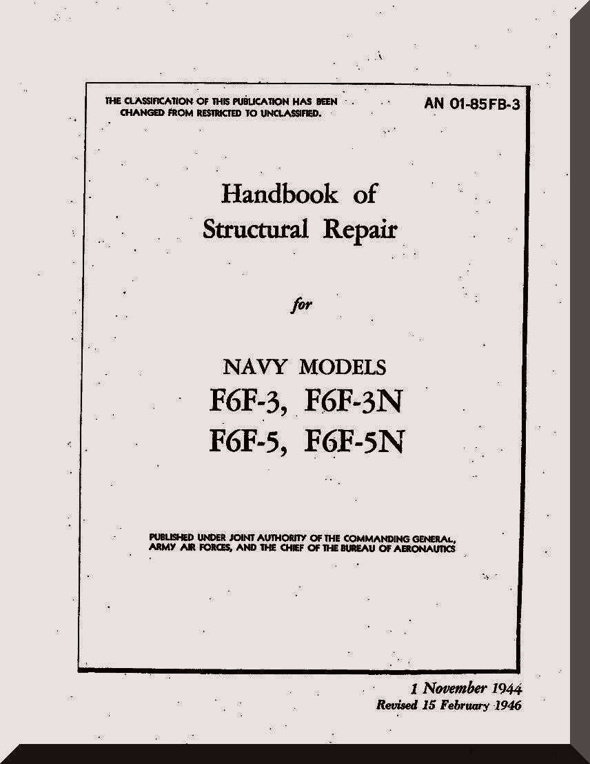 Cover of a handbook of structural repair for Navy models F6F-3, F6F-3N, F6F-5, and F6F-5N on a textured gray background.