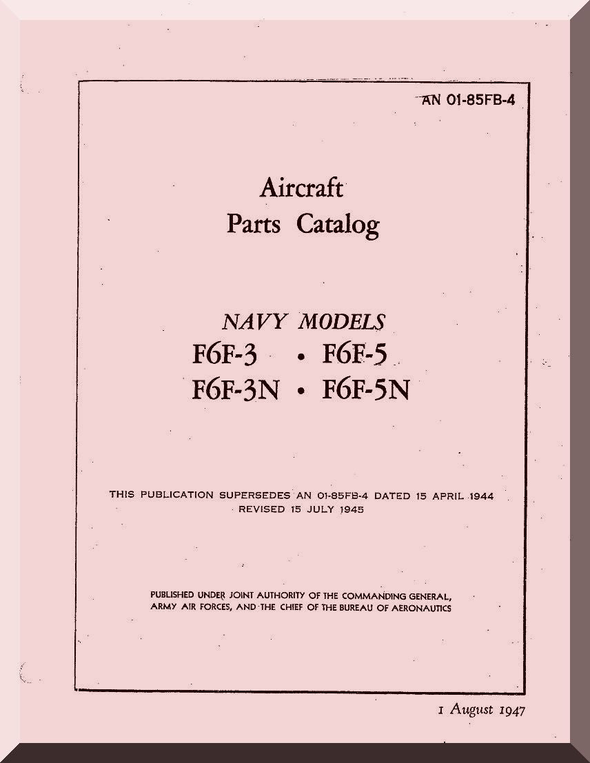 Aircraft parts catalog cover for Navy models F6F-3, F6F-5, F6F-3N, and F6F-5N on a pink background.