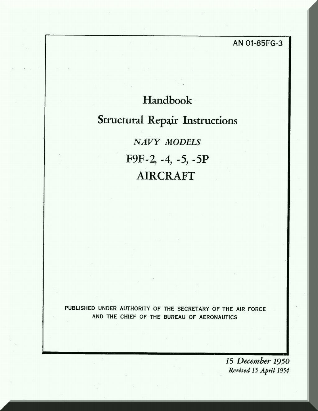 Cover of a handbook titled 'Handbook Structural Repair Instructions Navy Models F9F-2, -4, -5, -5P Aircraft' published by the U.S.