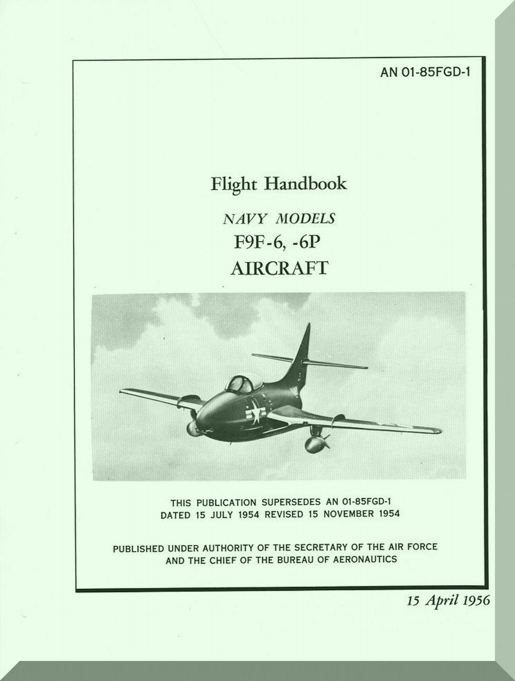 Flight handbook for Navy models F9F-6, -6P aircraft with a vintage airplane illustration on a white background.