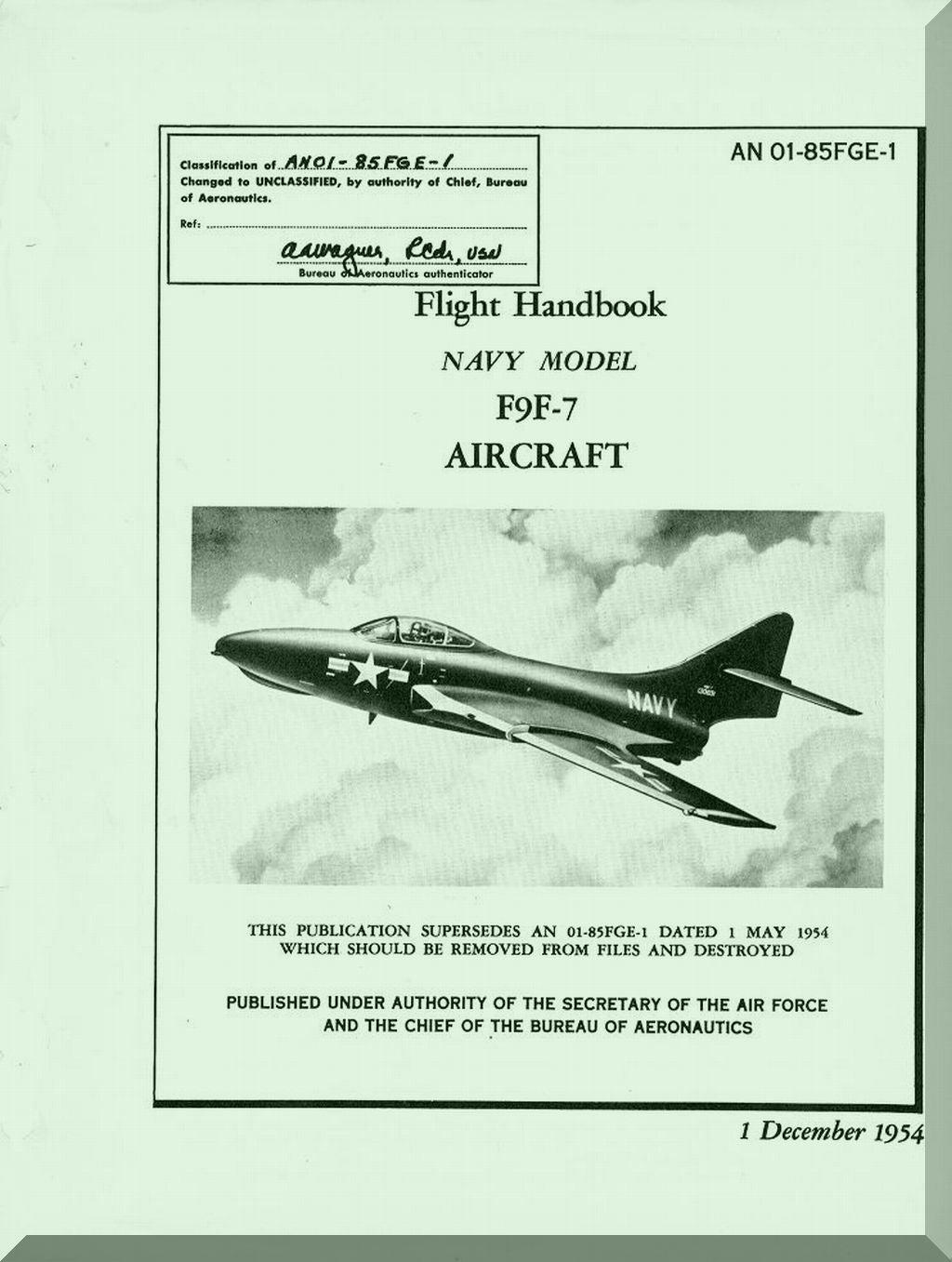 Flight handbook for Navy Model F9F-7 Aircraft with an airplane illustration on a light green background.