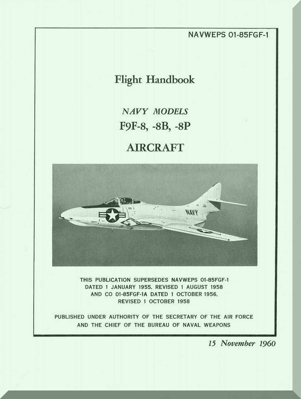 Flight handbook cover for Navy Models F9F-8, -8B, -8P aircraft with a vintage airplane illustration.