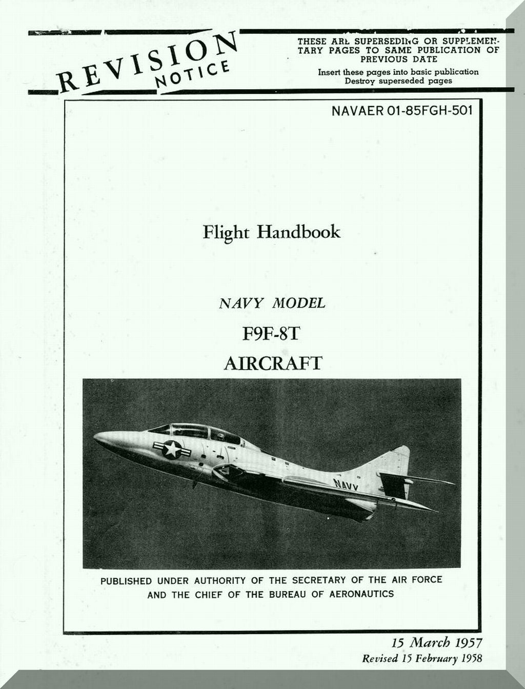 Flight handbook cover for Navy Model F9F-8T aircraft with a vintage airplane illustration.