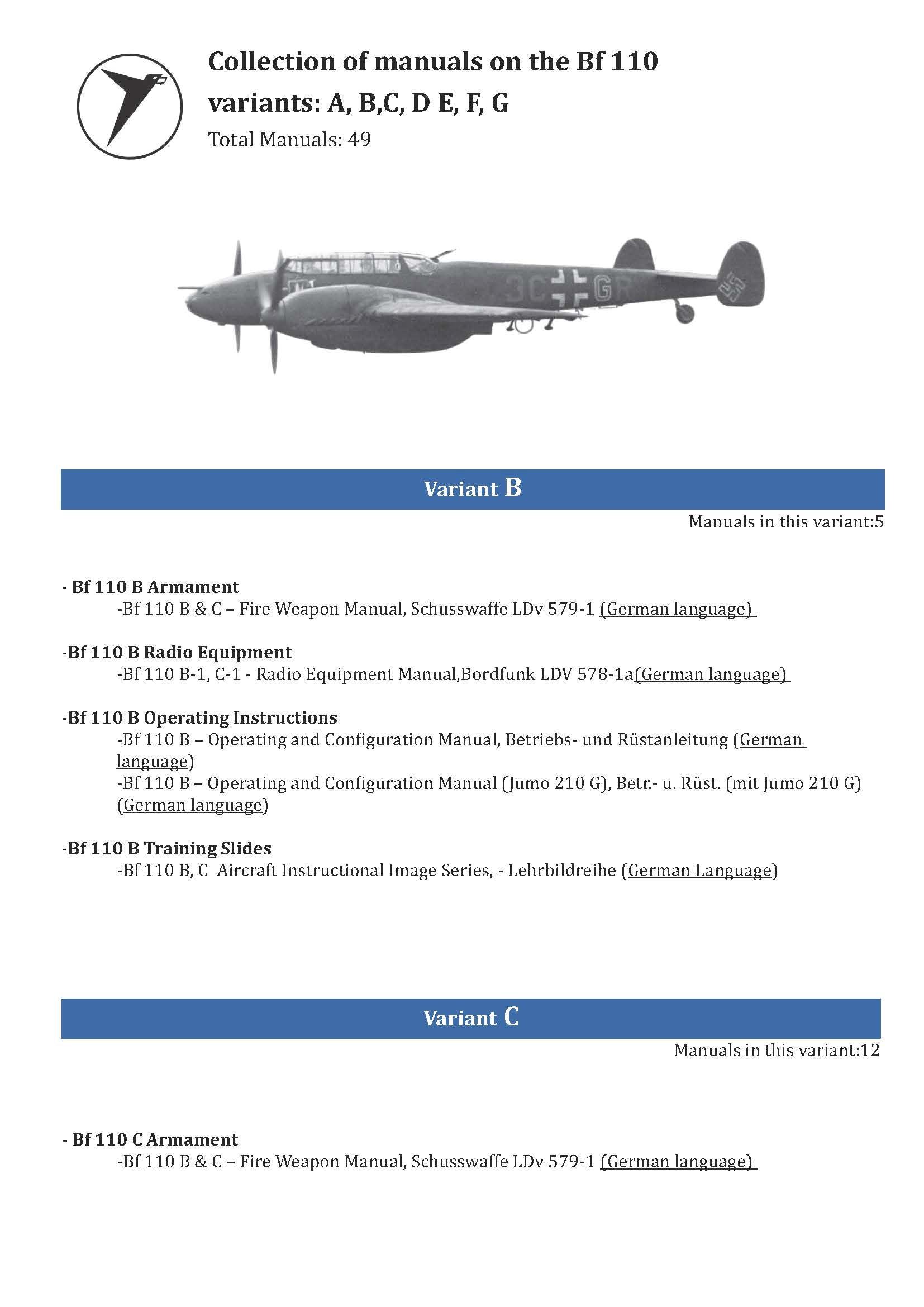 Messerschmitt Bf 110 Manuals Collection - 49 Manuals - Variants B-G
