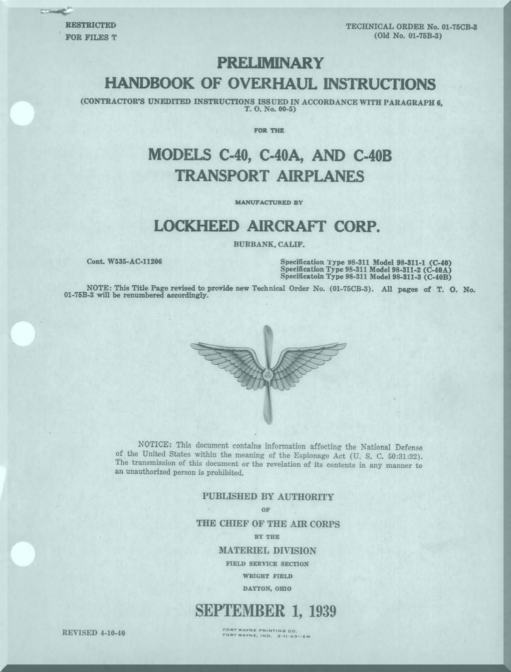Lockheed L-10 Electra & L-12/C-40 Electra Junior Comprehensive Manuals Collection