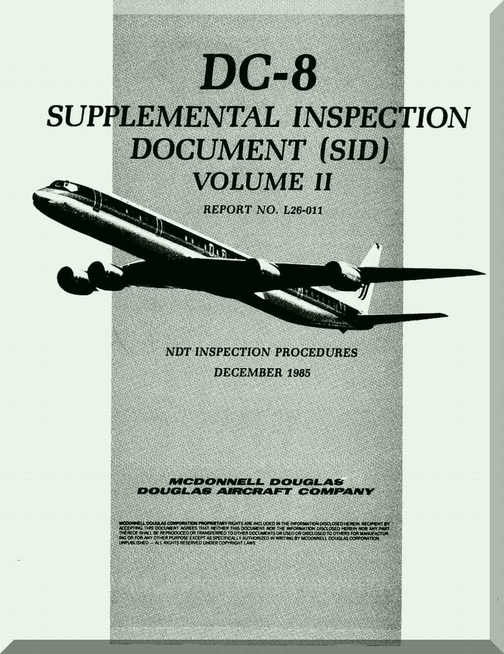 DC-8 Supplemental Inspection Document with airplane illustration on a gray background