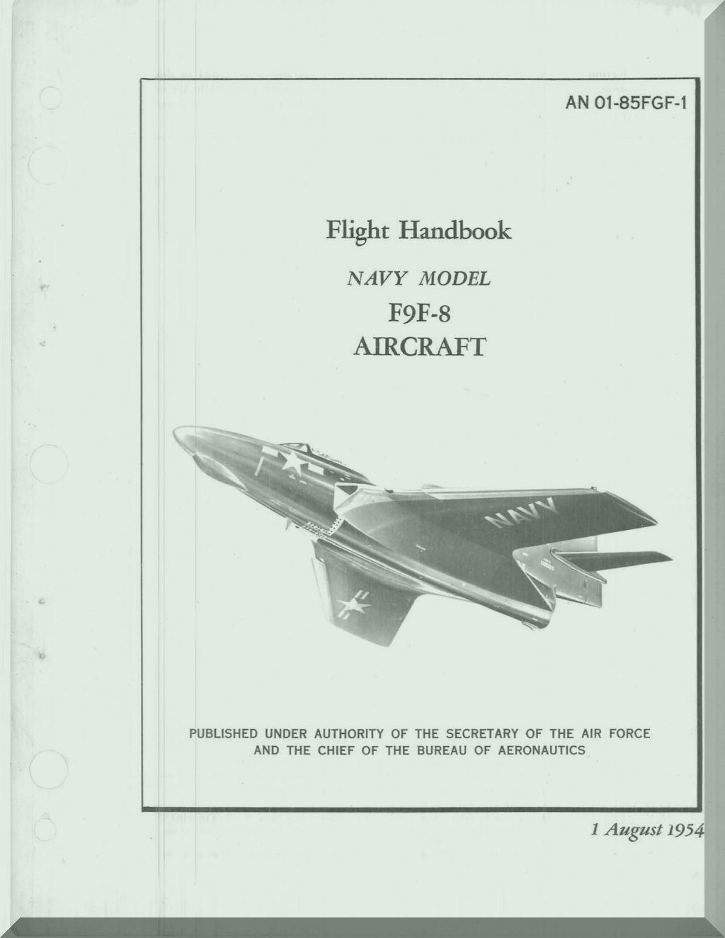 Flight handbook cover for Navy Model F9F-8 Aircraft with an airplane illustration on a light gray background.