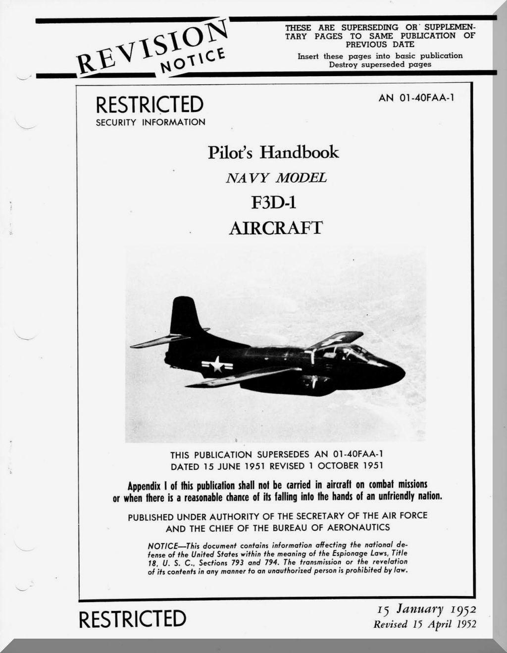 Douglas F3D-1 Aircraft Pilot's Handbook Manual , AN 01-40FAA-1, 1952