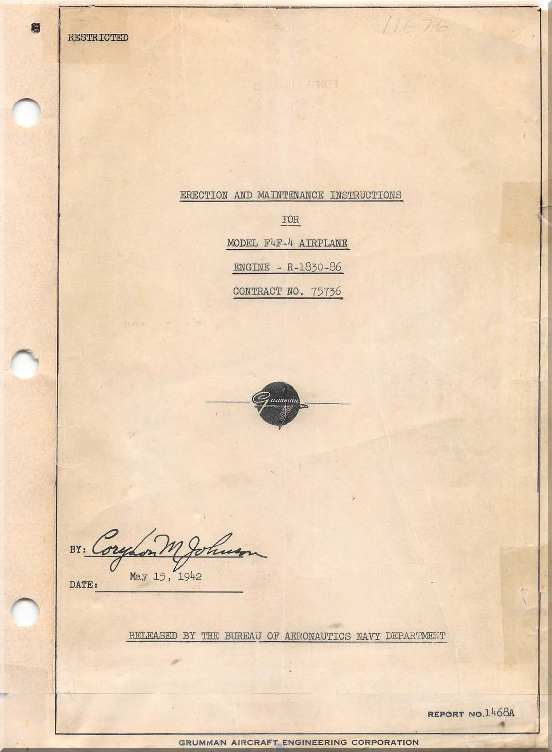 Grumman F4F-4 Aircraft Erection Maintenance  Manual -- 1942