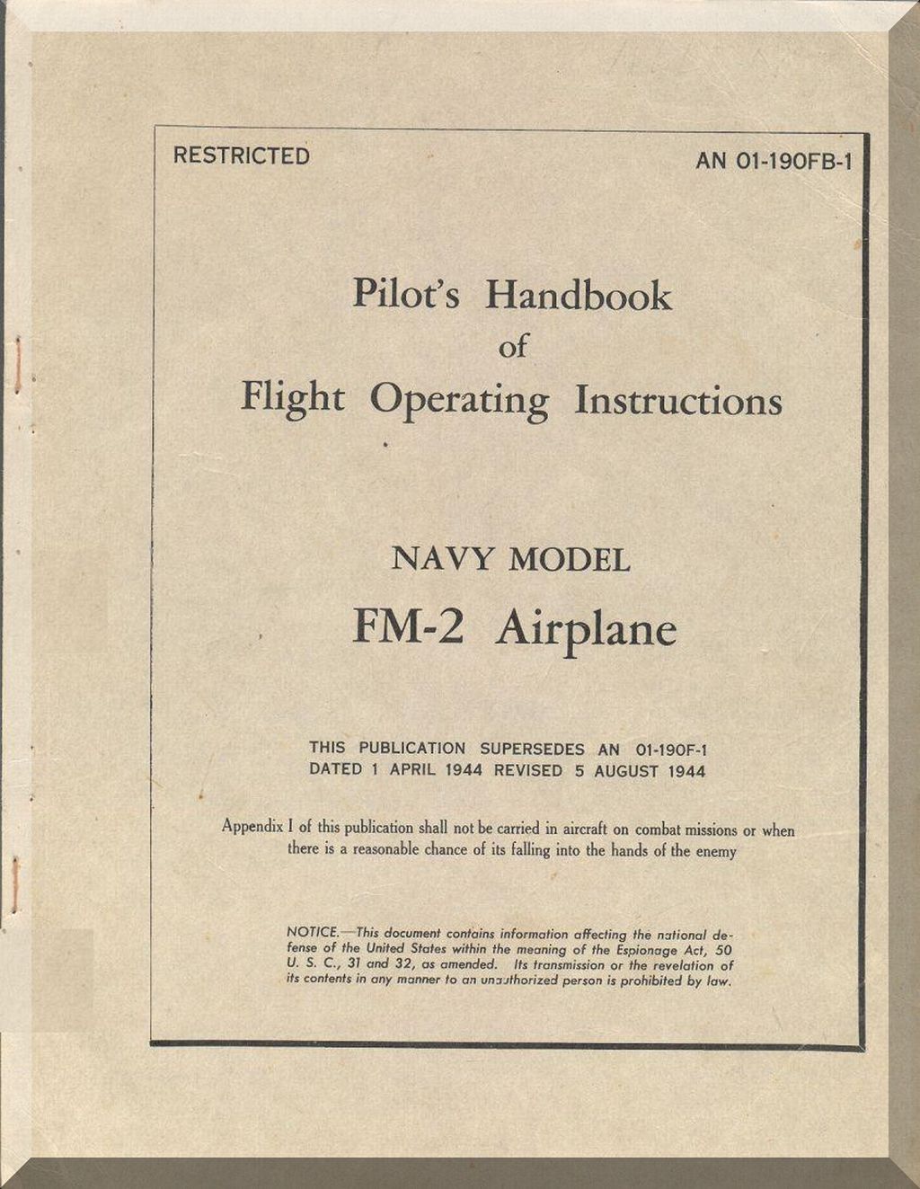 Cover of a Pilot's Handbook of Flight Operating Instructions for Navy Model FM-2 Airplane on beige background