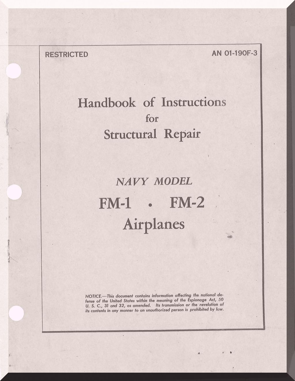 Handbook of Instructions for Structural Repair for Navy Model FM-1 and FM-2 Airplanes on a beige background.