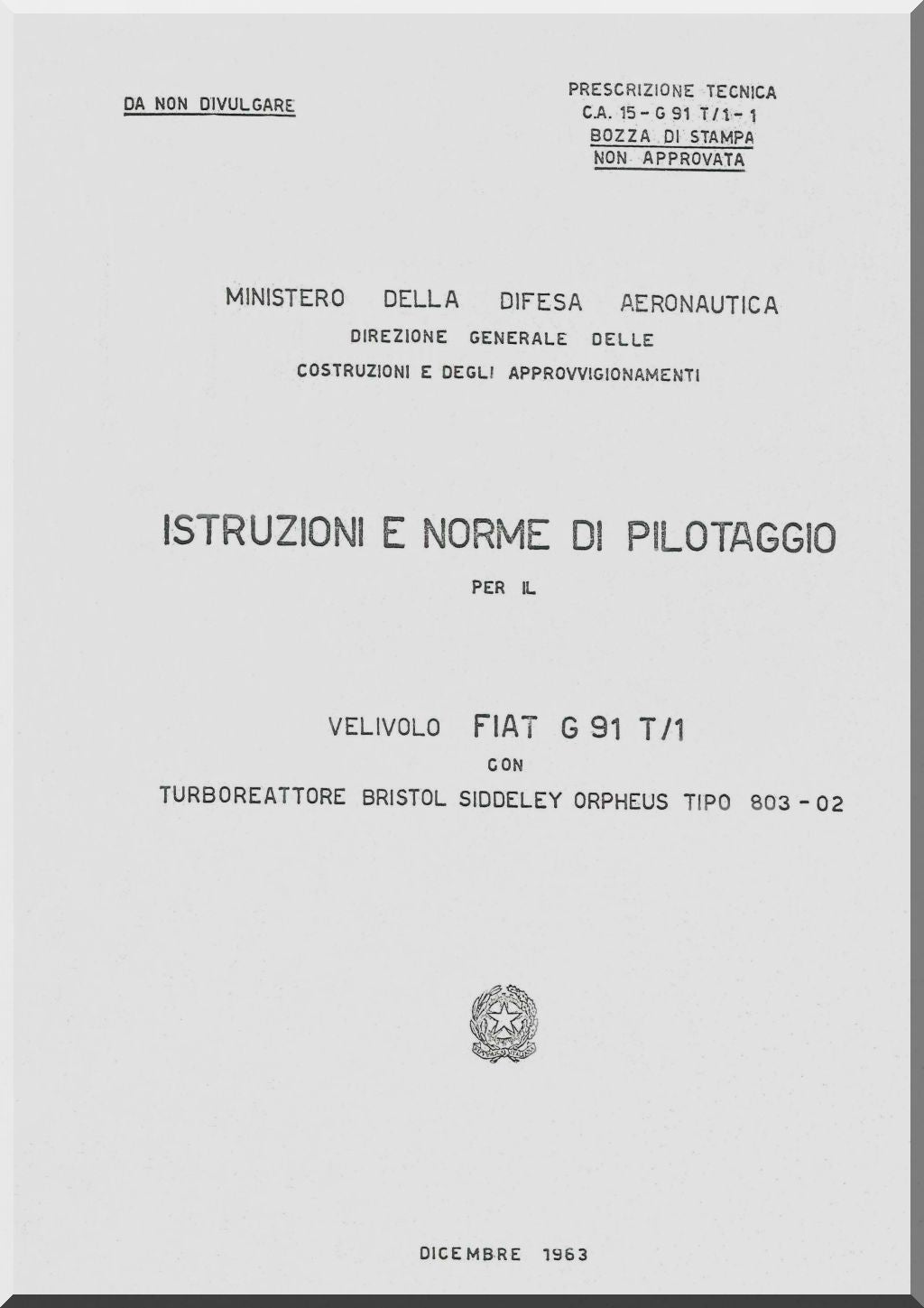 Technical manual cover for Fiat G.91 T/1 aircraft with Italian text and emblem