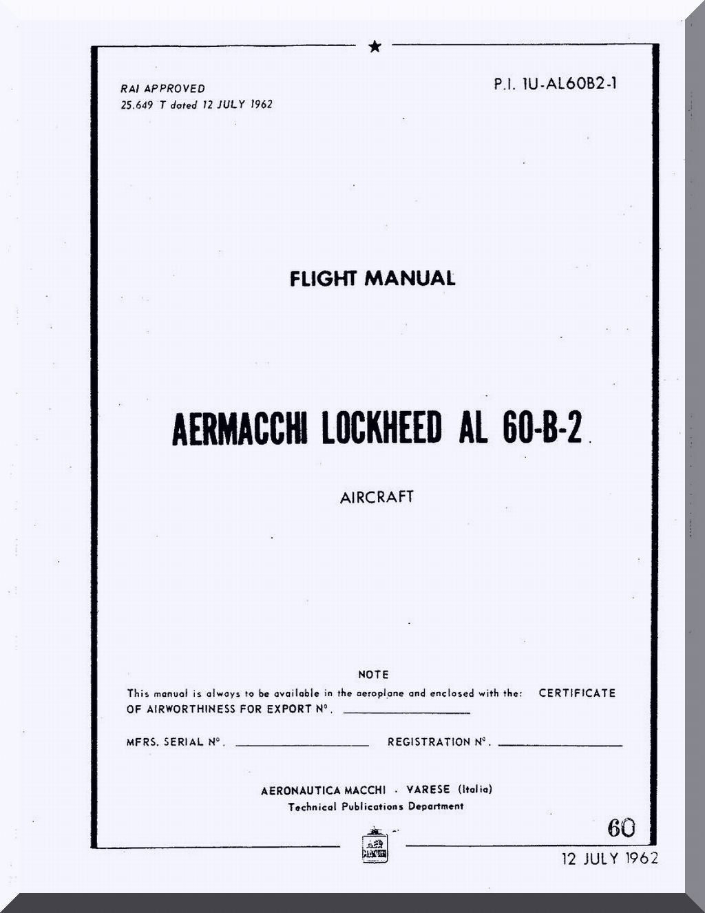 Aermacchi Lockheed Al-60 B-2 Aircraft Manuals Collection - Digital Download