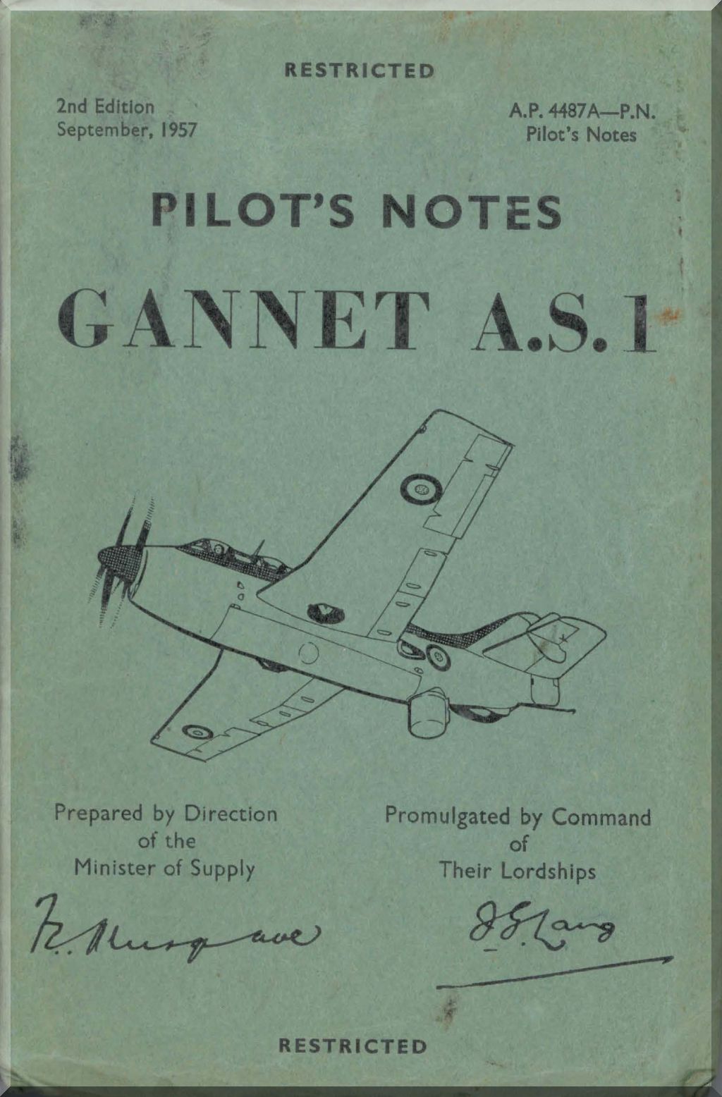 Cover of 'Pilot's Notes Gannet A.S.1' with an airplane illustration on a green background