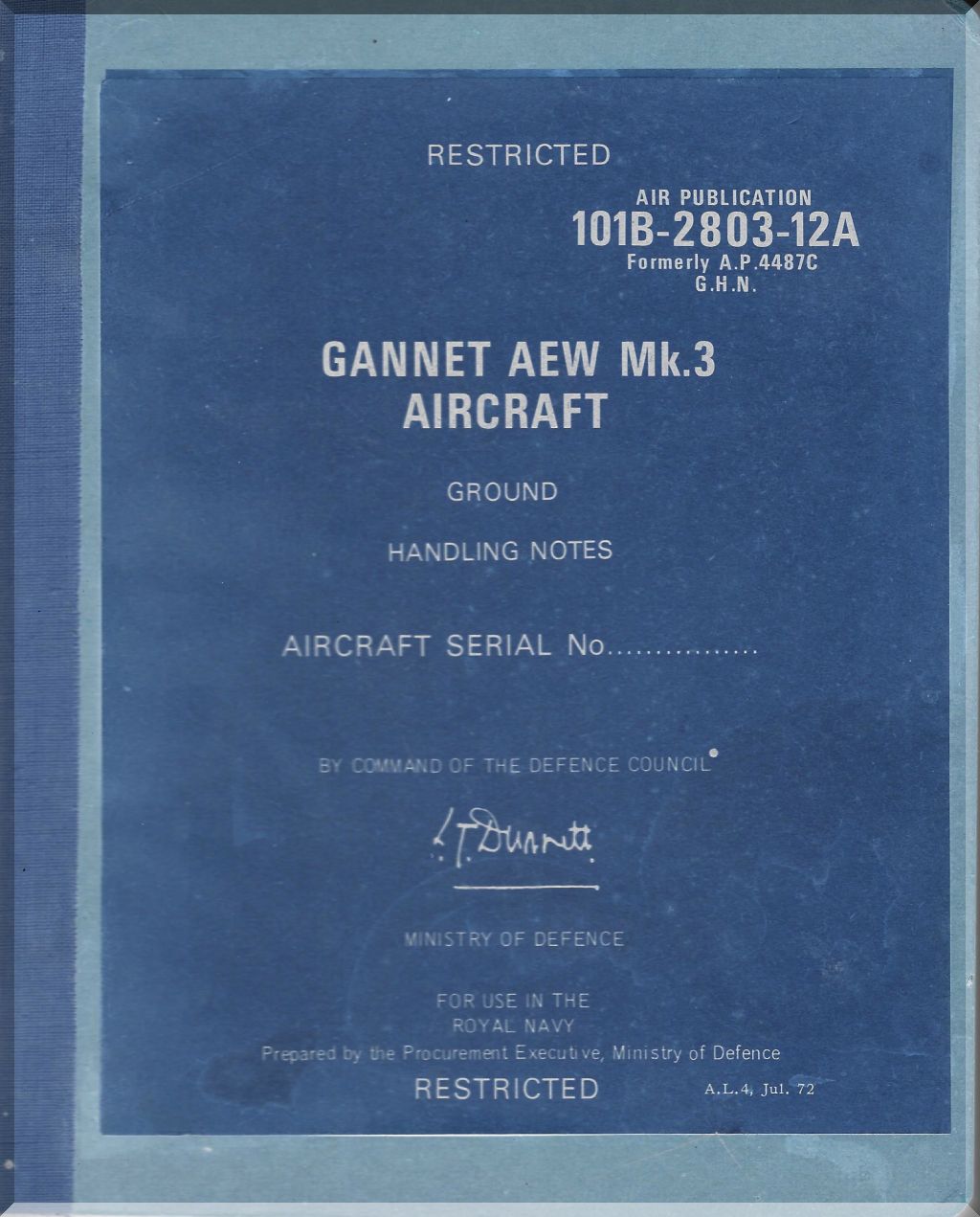 Blue document cover with text about Gannet AEW Mk.3 Aircraft ground handling notes.