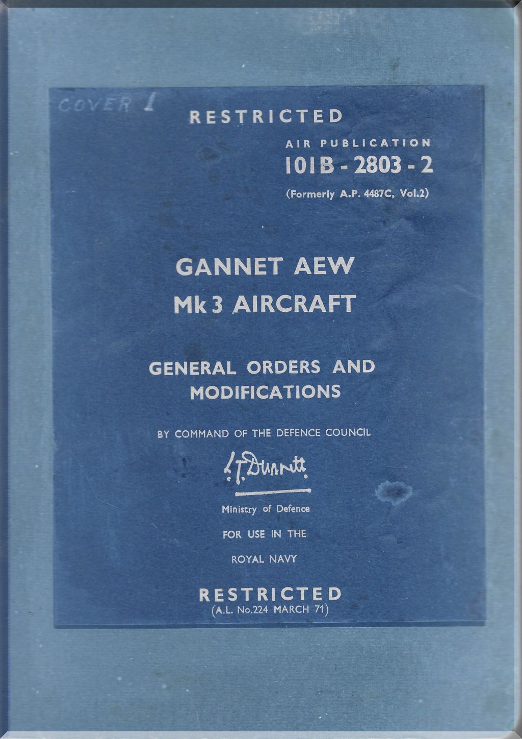 Cover of a restricted military document about Gannet AEW Mk3 Aircraft, with text and a blue background.