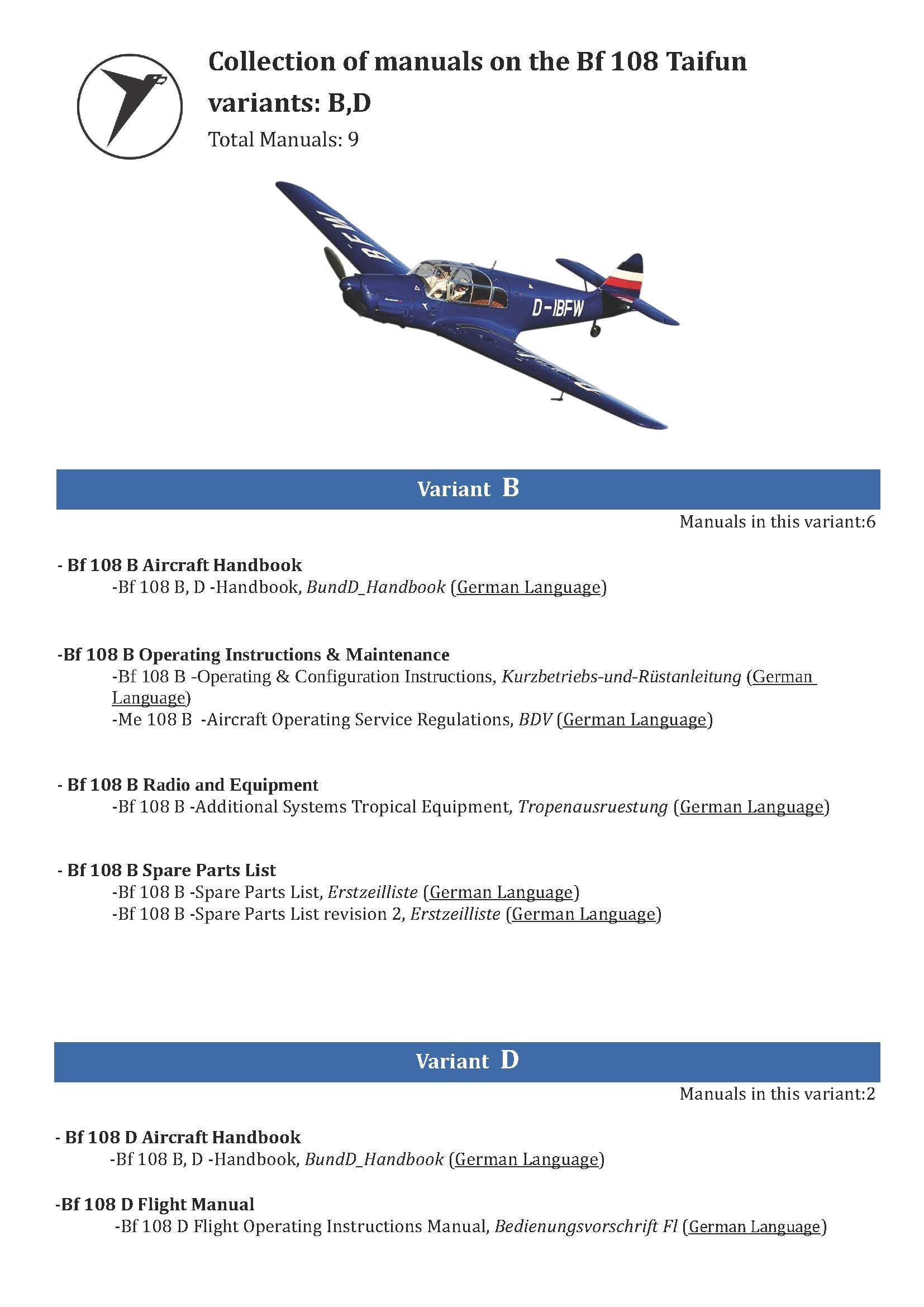 Messerschmitt Bf 108 Taifun Manuals Collection - Digital Download