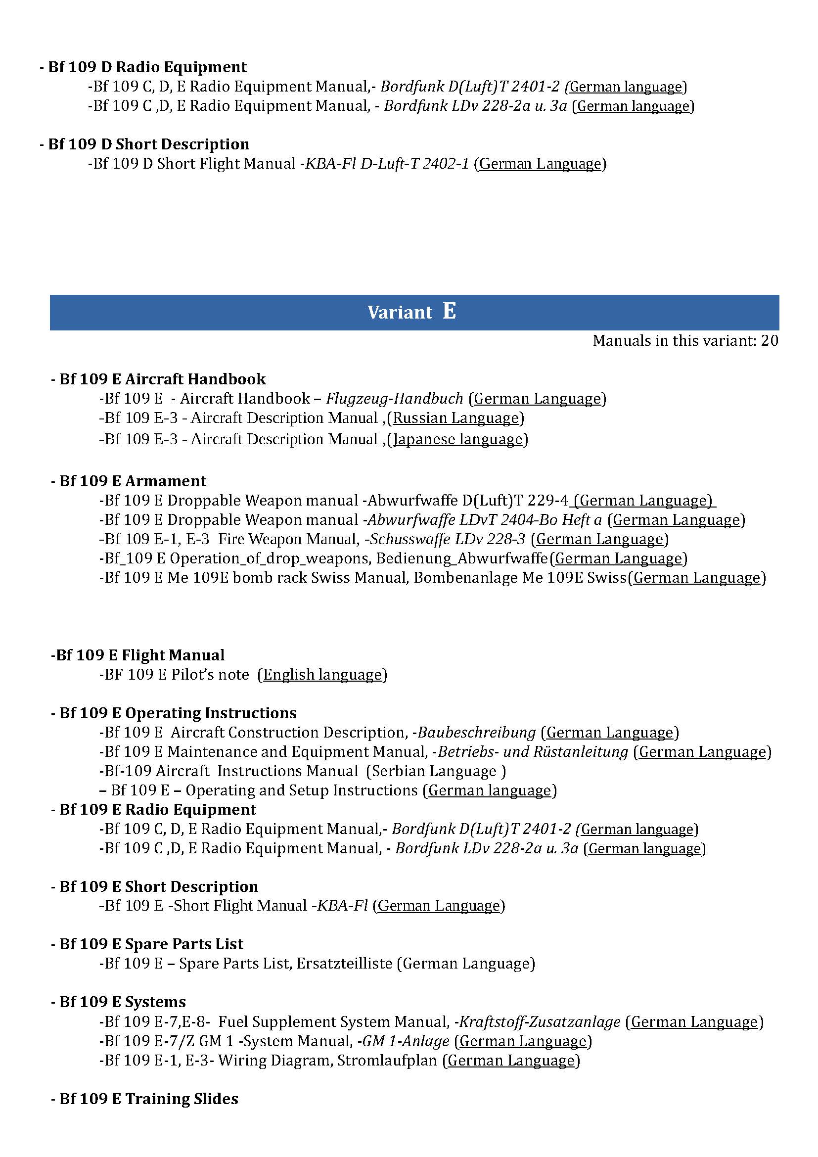 Messerschmitt Bf 109 Aircraft Manuals Collection - 71+ Manuals - Variants B-K - Multilanguage