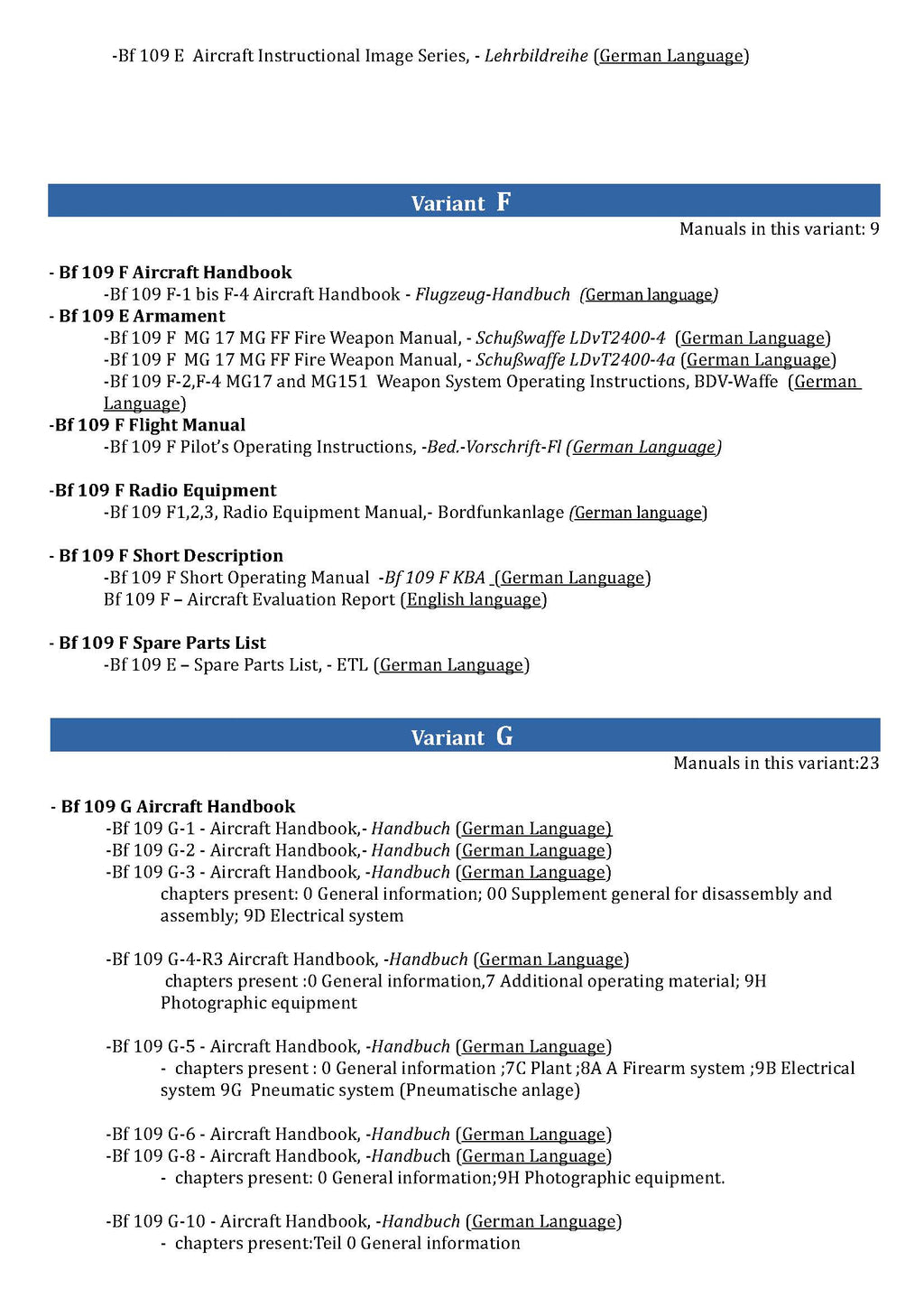 Messerschmitt Bf 109 Aircraft Manuals Collection - 71+ Manuals - Variants B-K - Multilanguage