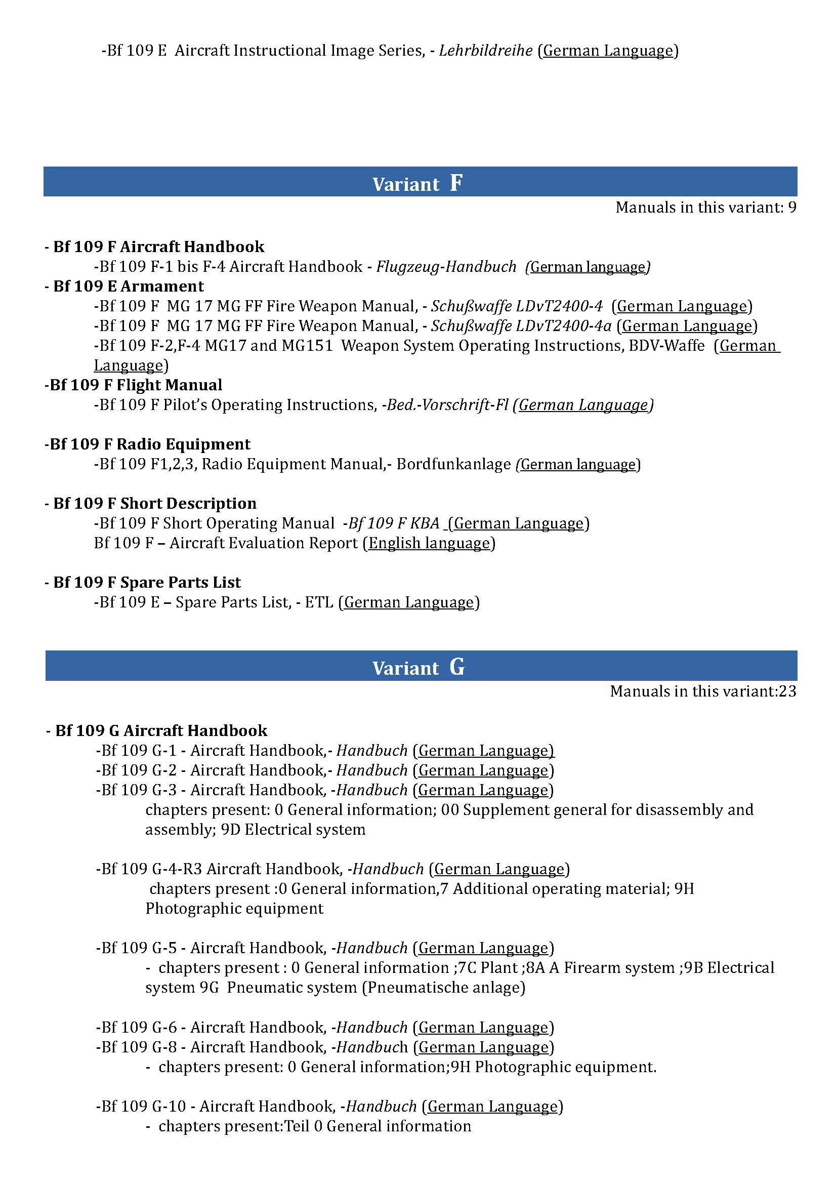 Messerschmitt Bf 109 Aircraft Manuals Collection - 71+ Manuals - Variants B-K - Multilanguage