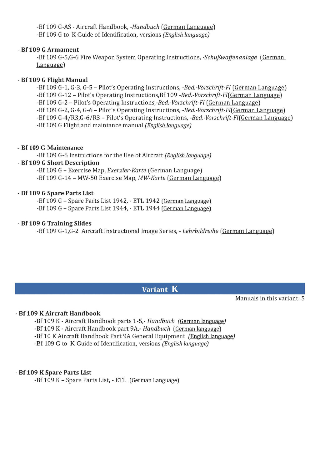 Messerschmitt Bf 109 Aircraft Manuals Collection - 71+ Manuals - Variants B-K - Multilanguage