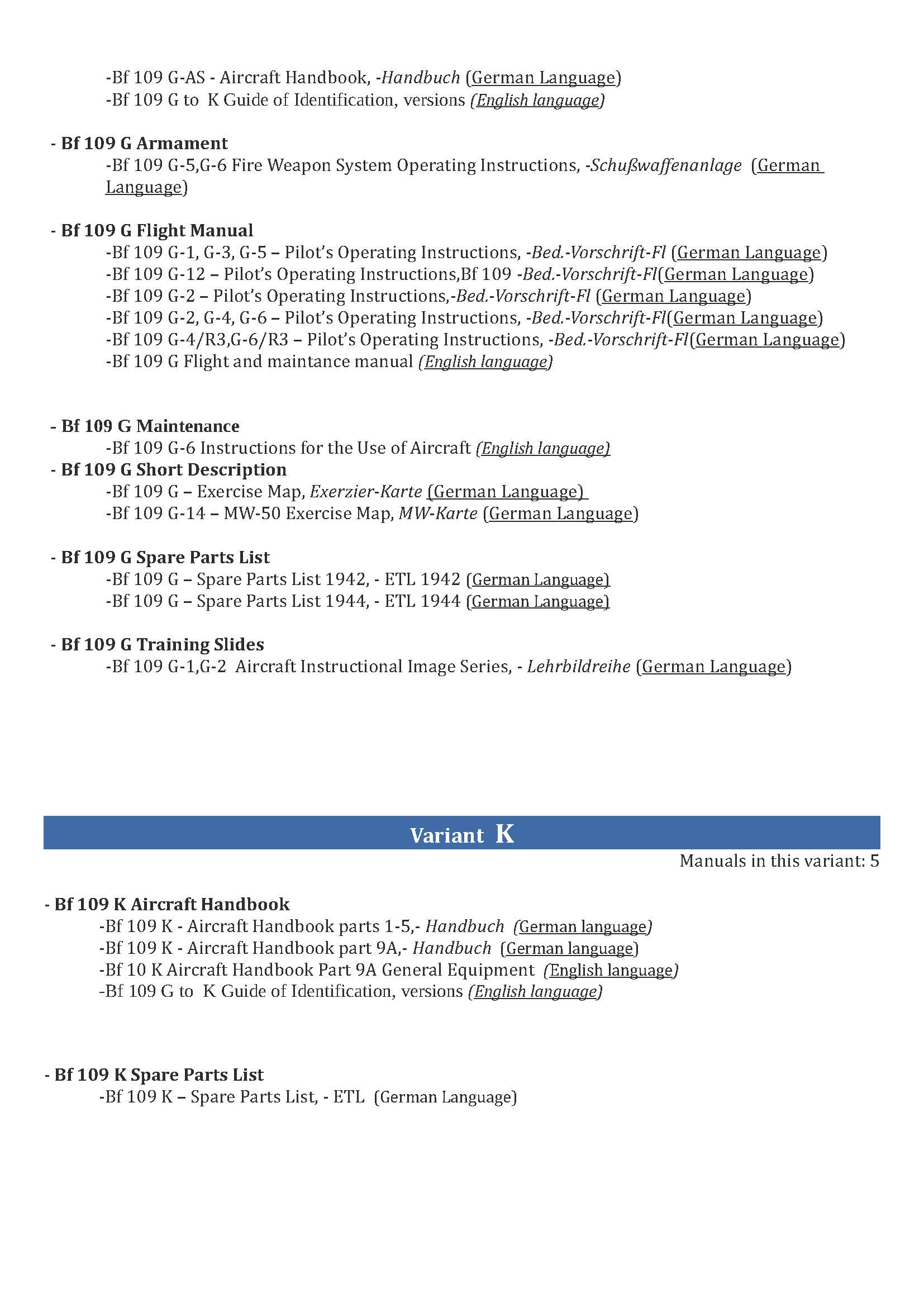 Messerschmitt Bf 109 Aircraft Manuals Collection - 71+ Manuals - Variants B-K - Multilanguage