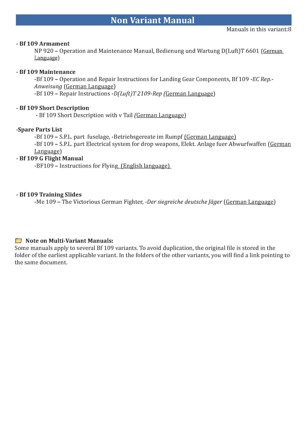 Messerschmitt Bf 109 Aircraft Manuals Collection - 71+ Manuals - Variants B-K - Multilanguage