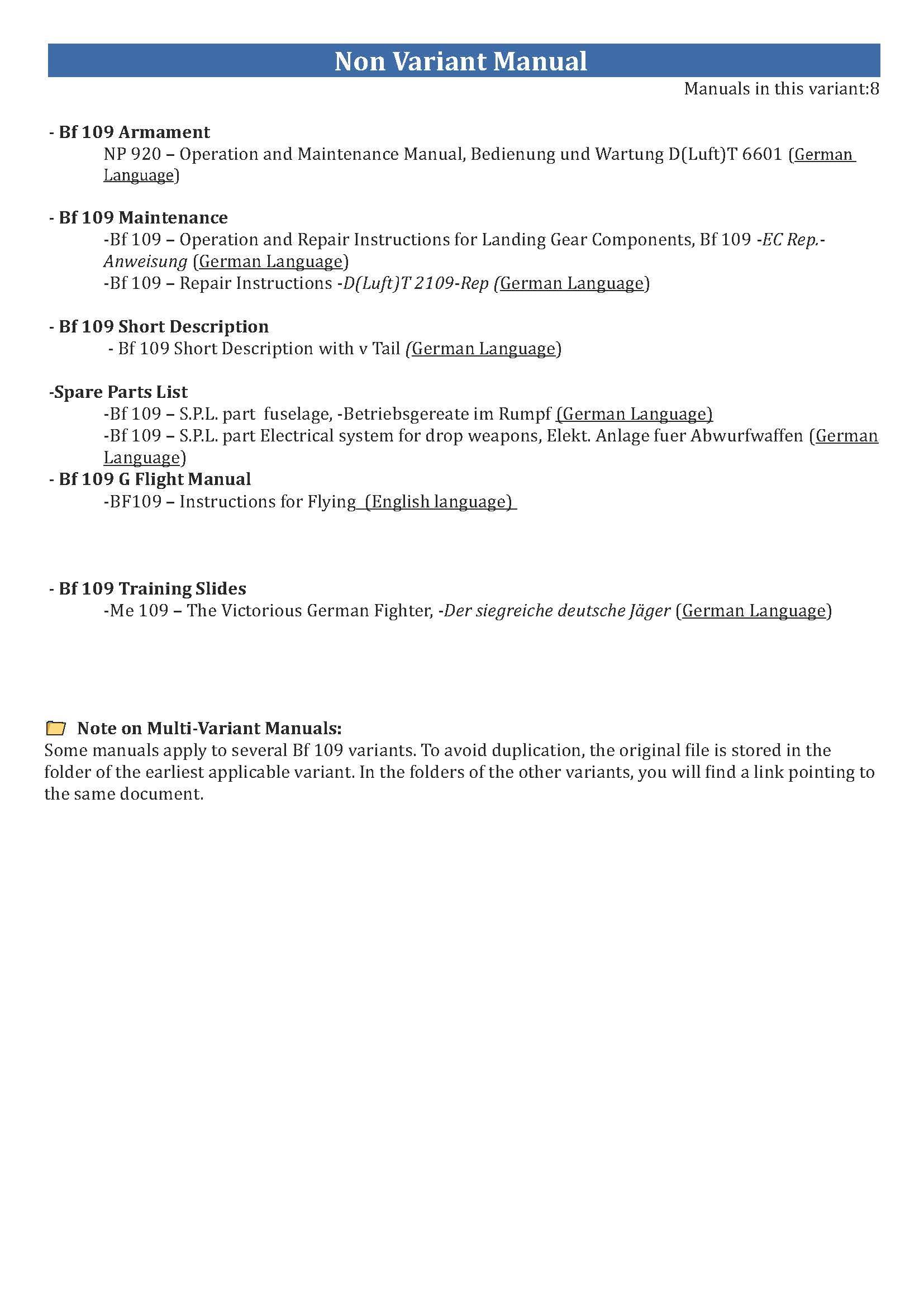 Messerschmitt Bf 109 Aircraft Manuals Collection - 71+ Manuals - Variants B-K - Multilanguage