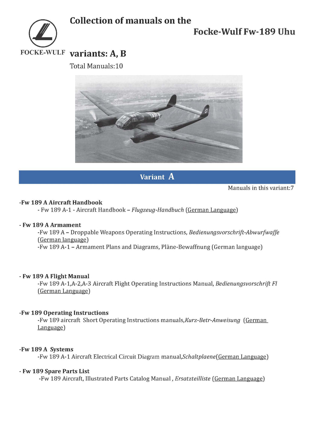 Focke-Wulf Fw-189 Uhu  A,B, Manuals Collection - Download -
