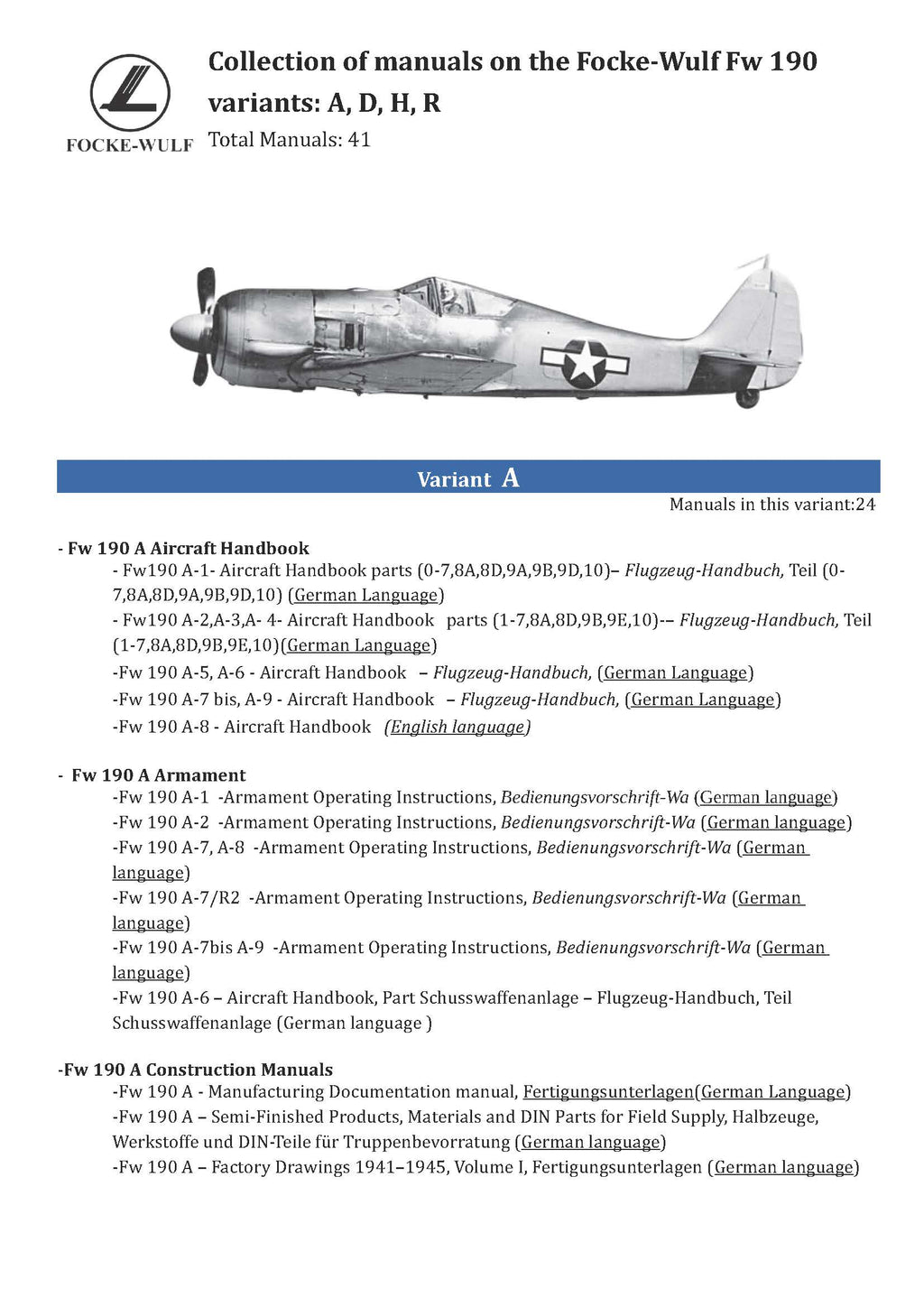 Focke-Wulf Fw 190  variants: A, D, H, R Manuals Collection
