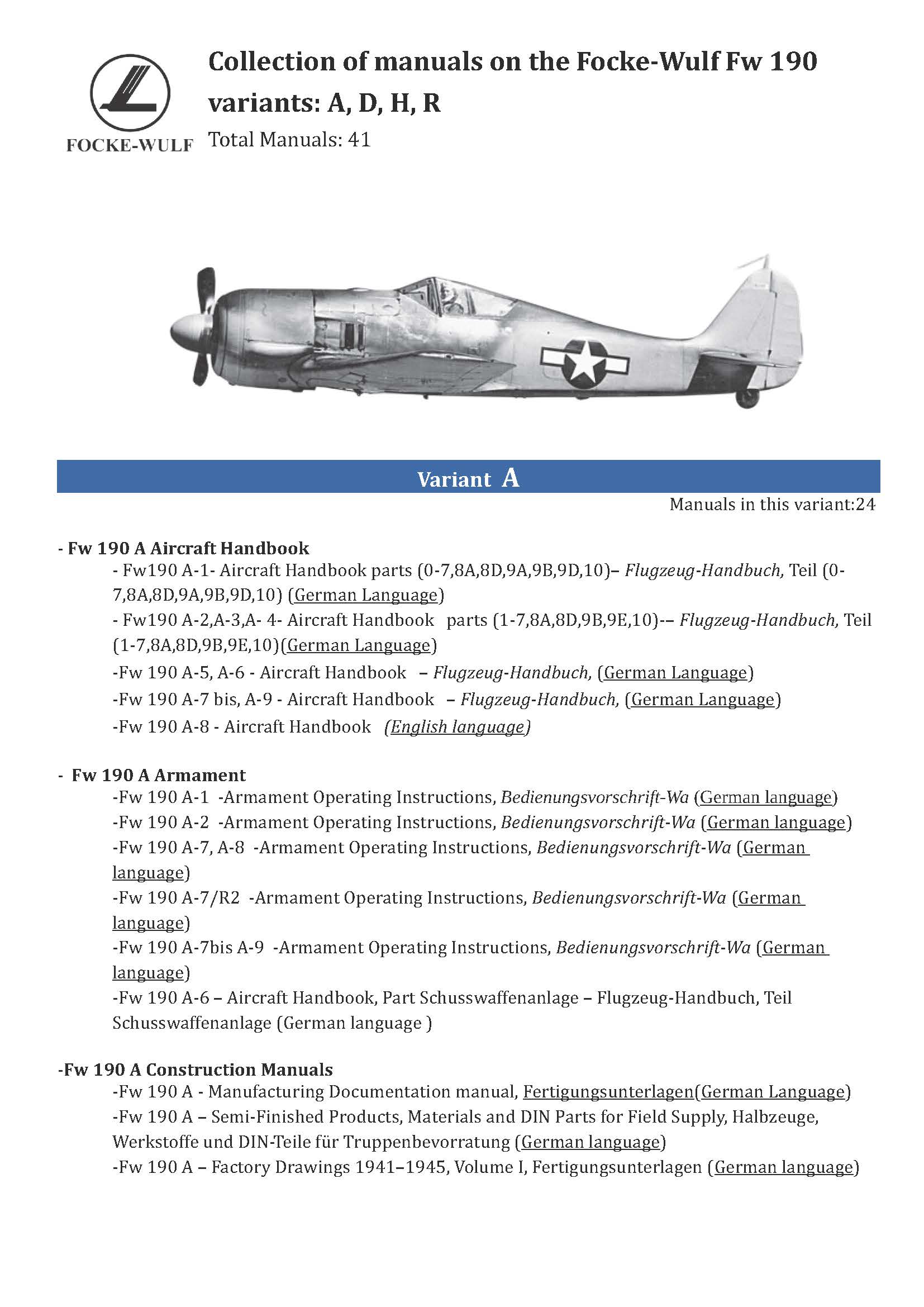 Focke-Wulf Fw 190  variants: A, D, H, R Manuals Collection