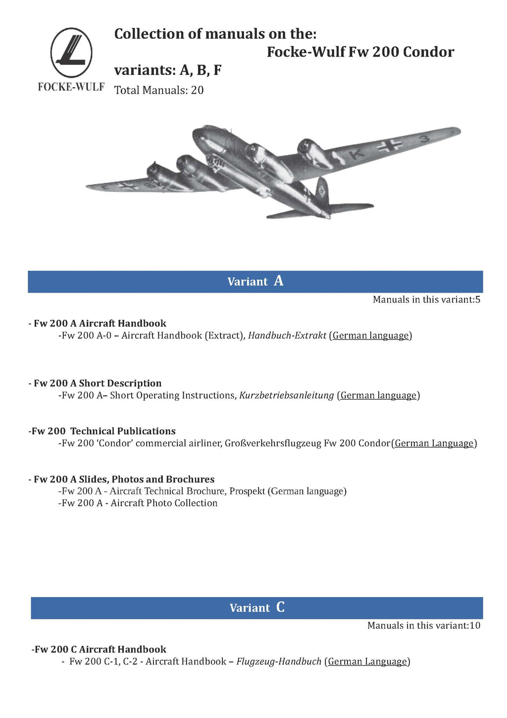 Focke-Wulf Fw 200 Condor Manuals Collection - Variants A, B, C, F