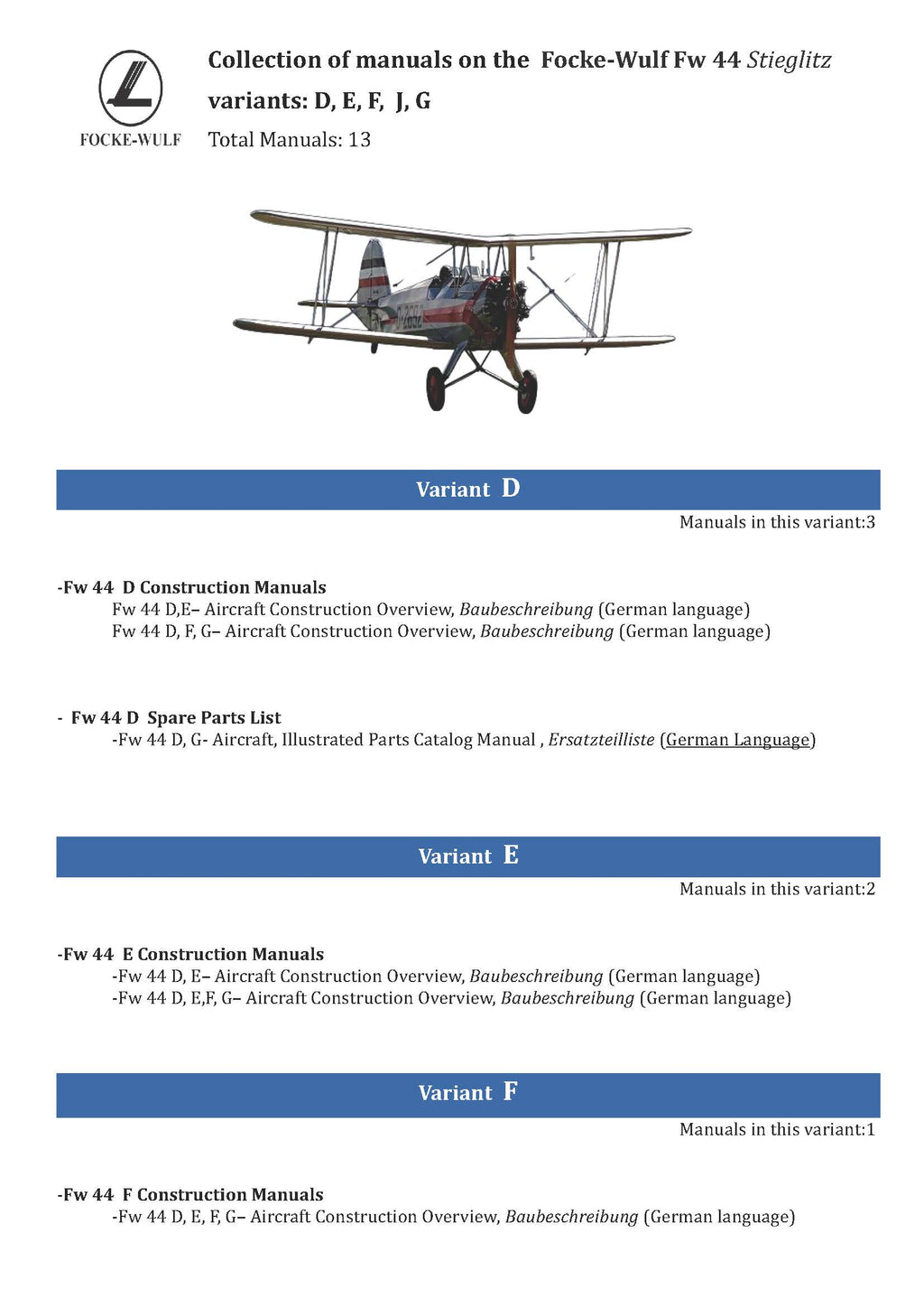 Focke-Wulf Fw 44 Stieglitz  Manuals Collection variants: D, E, F, J, G
