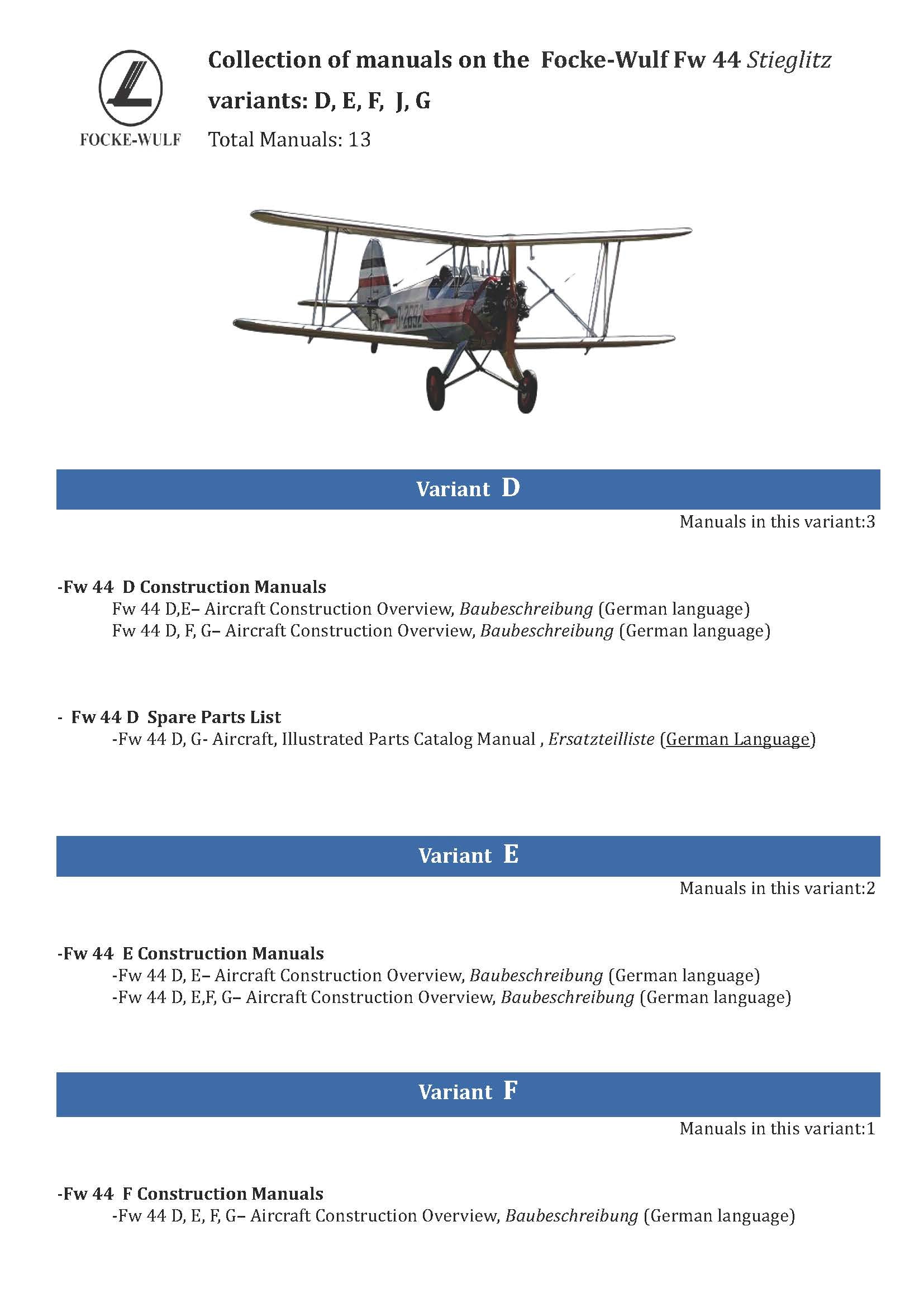 Focke-Wulf Fw 44 Stieglitz  Manuals Collection variants: D, E, F, J, G