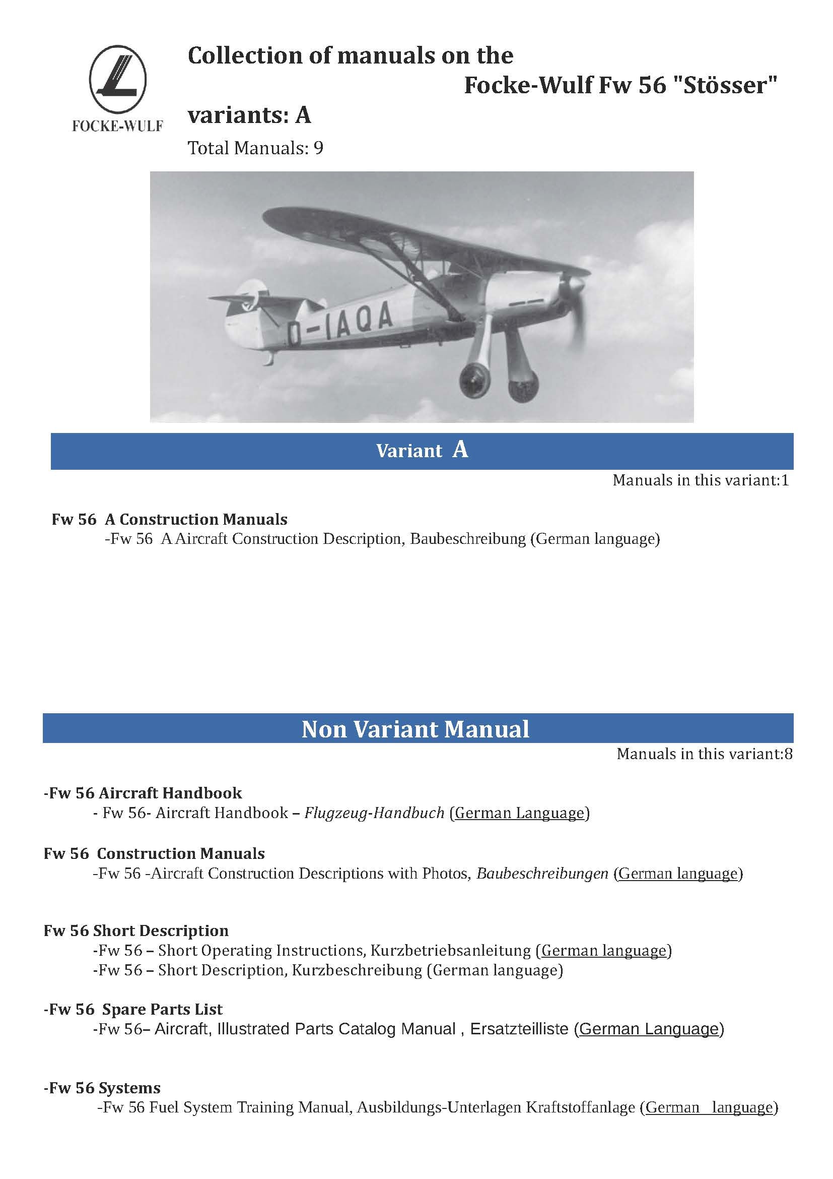 Focke-Wulf Fw 56 "Stösser" Collection of  Manuals