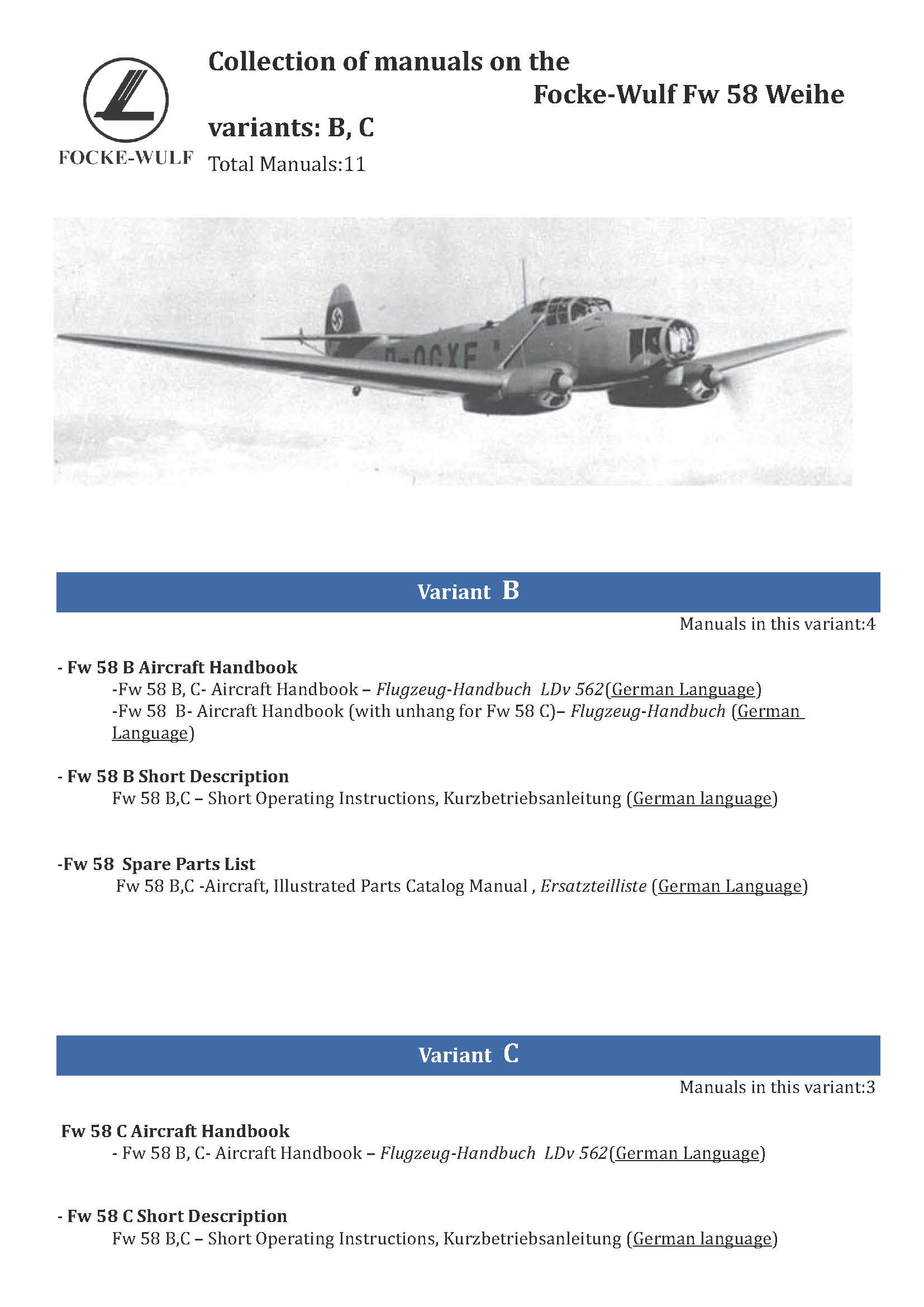 Focke-Wulf Fw 58 Weihe A/B/C — Maintenance & Technical Manuals · WWII Documentation · Digital Download