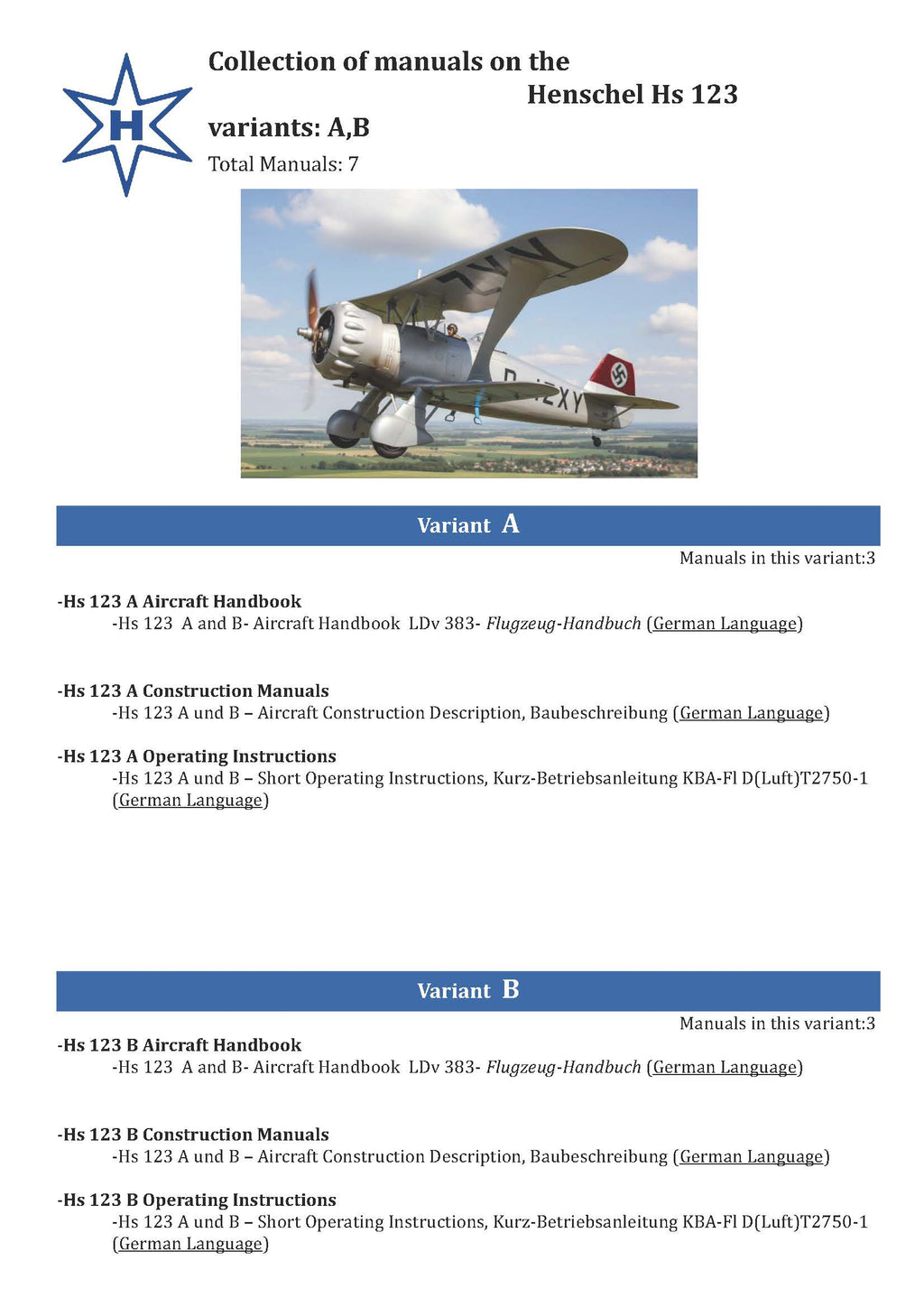 Henschel Hs 123 Dive Bomber Manuals - Comprehensive Technical Documentation Collection