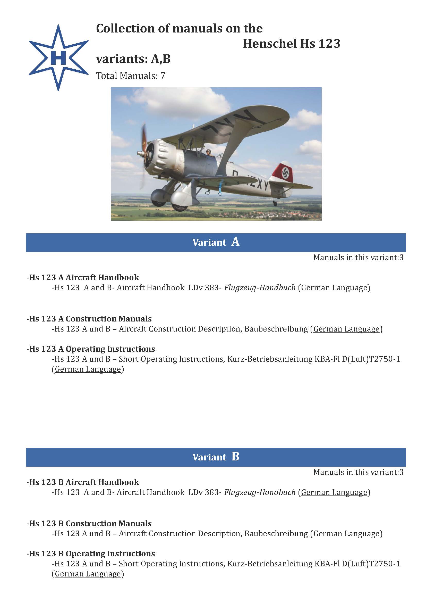 Henschel Hs 123 Dive Bomber Manuals - Comprehensive Technical Documentation Collection