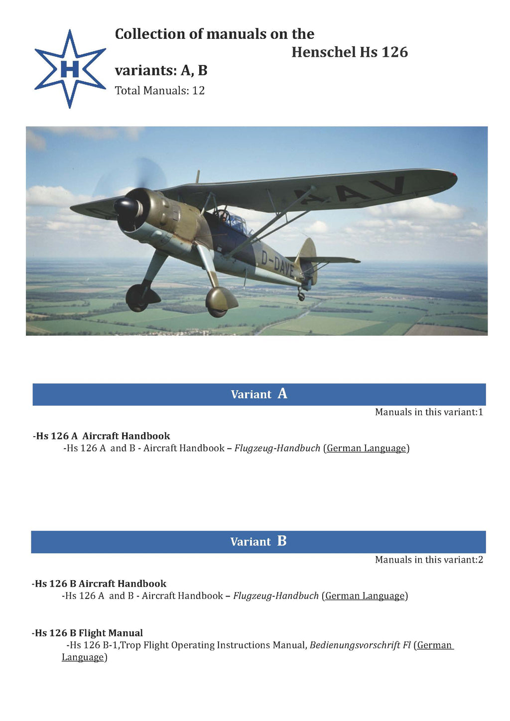 Henschel Hs 126 Reconnaissance Aircraft Manuals - Comprehensive Technical Documentation Collection