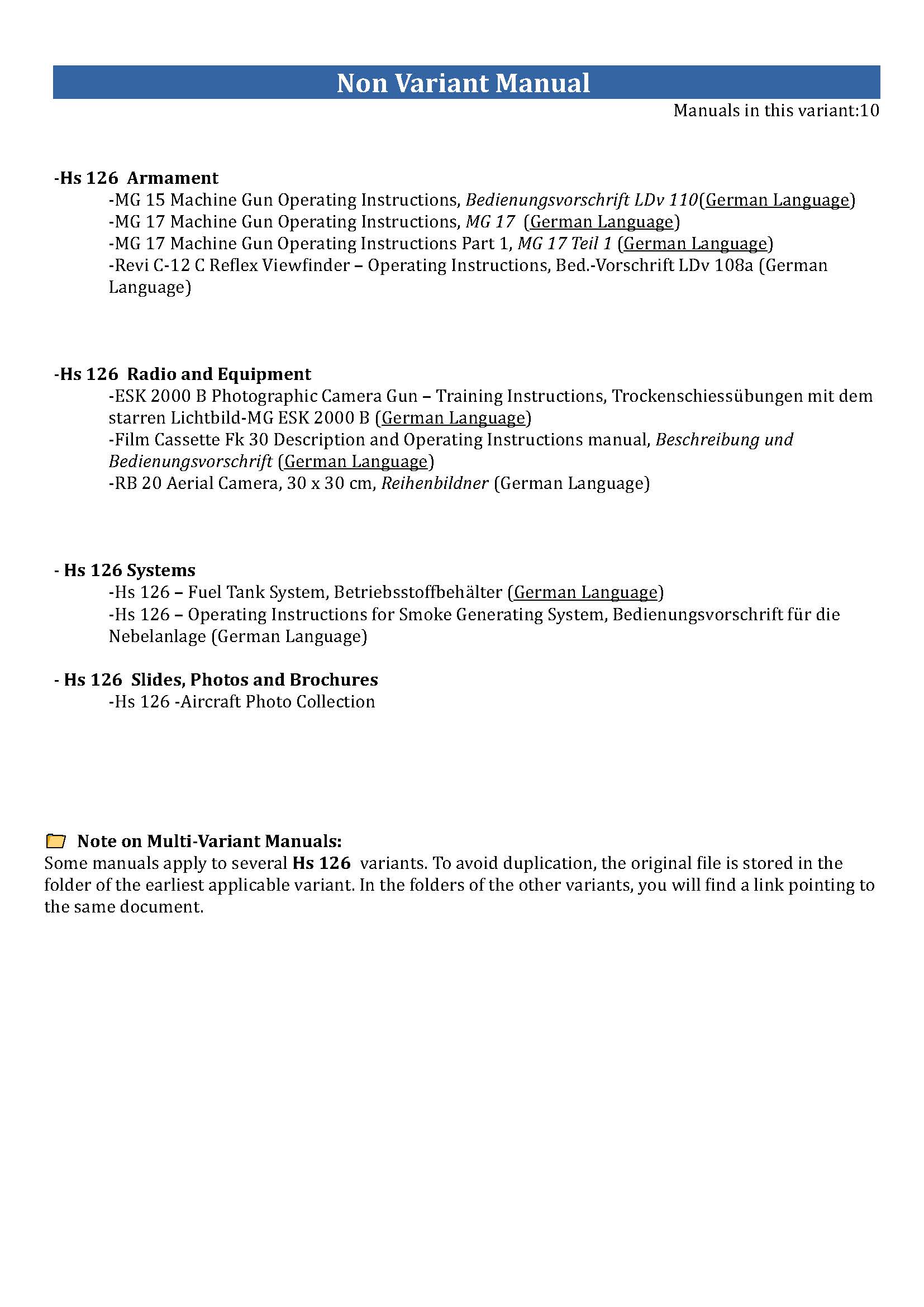 Henschel Hs 126 Reconnaissance Aircraft Manuals - Comprehensive Technical Documentation Collection