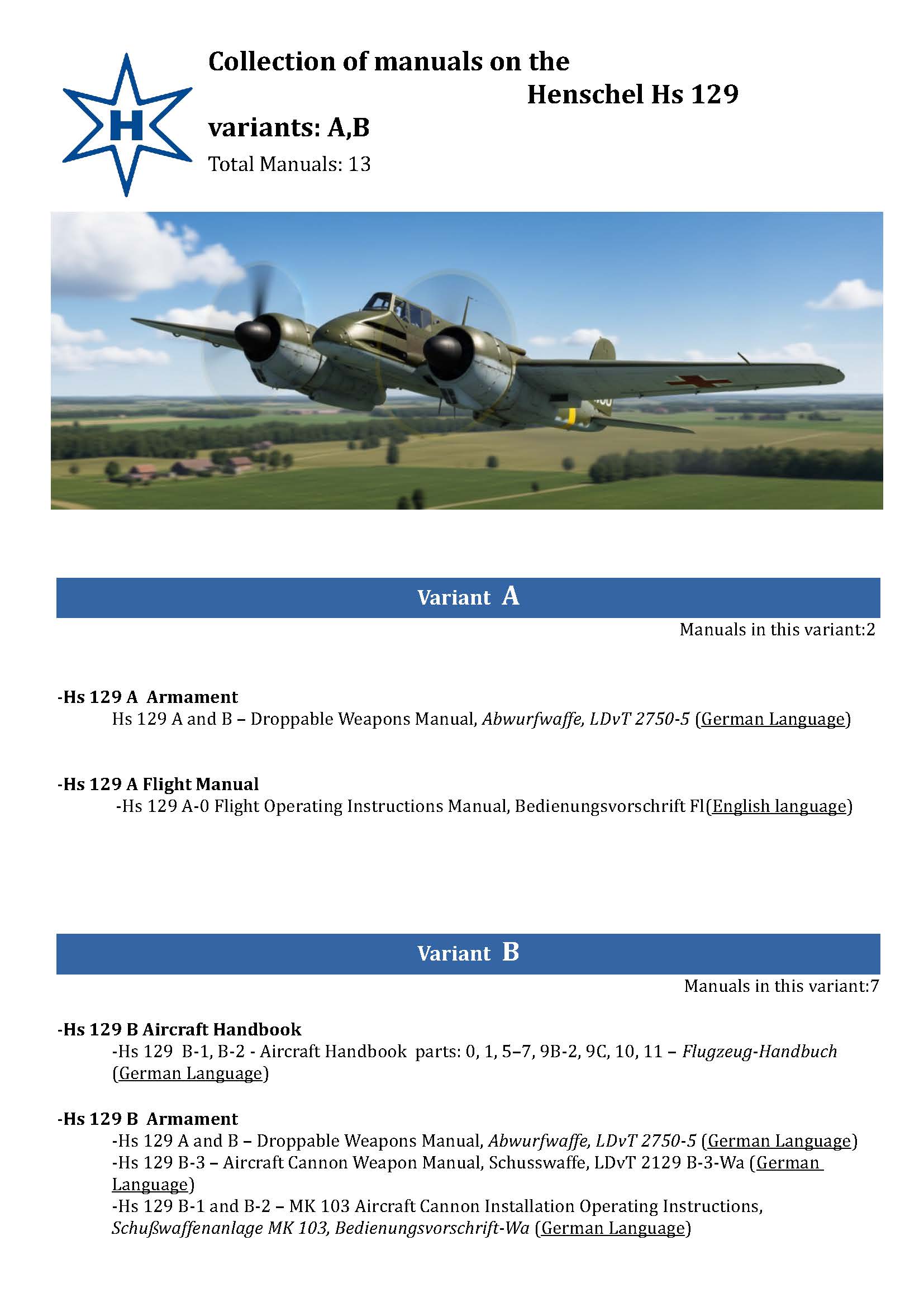 Henschel Hs 129 — Maintenance & Technical Manuals · WWII Ground-Attack Aircraft Documentation · Digital Download