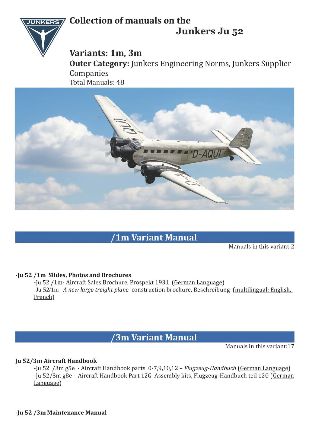 Junkers Ju 52 Aircraft Manuals Collection - Digital Download