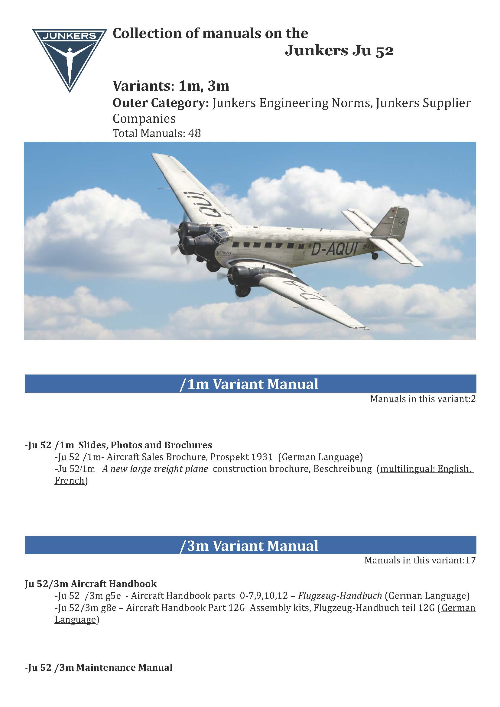Junkers Ju 52 Aircraft Manuals Collection - Digital Download