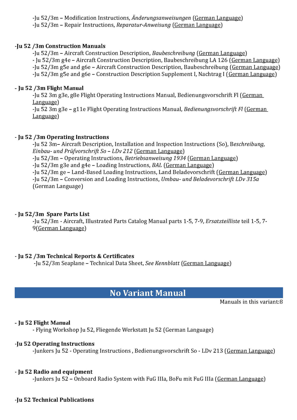Junkers Ju 52 Aircraft Manuals Collection - Digital Download