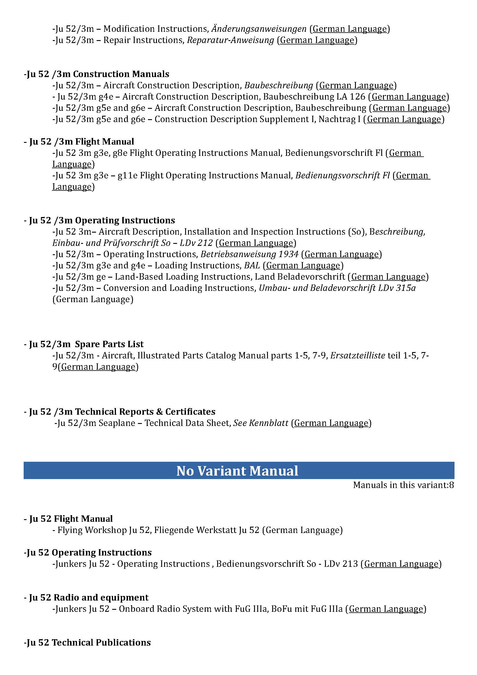 Junkers Ju 52 Aircraft Manuals Collection - Digital Download