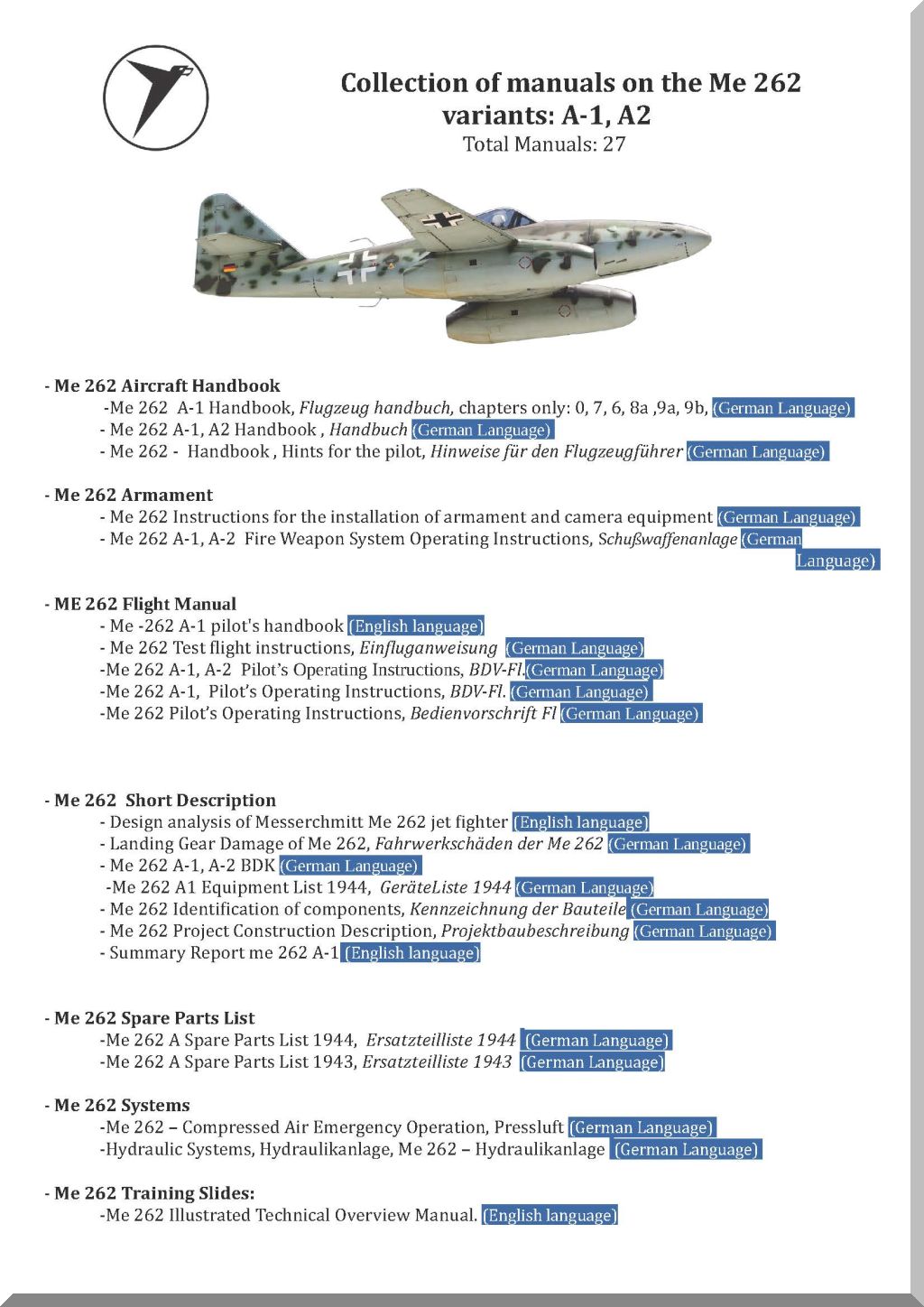Collection of manuals for Me 262 variants A-1 and A-2 on a white background
